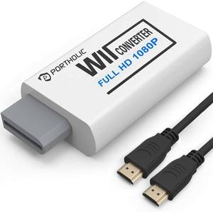 lot 12320 image: PORTHOLIC Wii to HDMI Converter 1080P for Full HD Device, Wii HDMI Adapter with 3,5mm Audio Jack&HDMI Output Compatible with Wii, Wii U, HDTV, Monitor-Supports All Wii Display Modes 720P, NTS
