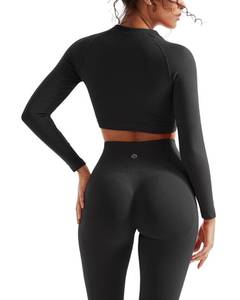 lot 12342 image: SUUKSESS Women 2 Piece Workout Sets Hidden Scrunch Hip Lifting Seamless Leggings Long Sleeve Yoga Crop Tops High Waisted Yoga Pants Tracksuits (Black, XL)