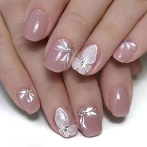 lot 12357 image: MABKJLF Pink Glitter Butterfly False Nails - 24pcs Full Cover Glossy Glue on Acrylic Artificial Nails