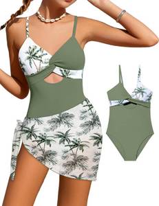 lot 12387 image: Tween Girls Swimsuits One Piece Tropical Twist Cross Teen Bathing Suits for Girls 12-14 with Cover Up Skirt Green