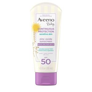 lot 12419 image: Aveeno Baby Continuous Protection Zinc Oxide Mineral Sunscreen Lotion for Sensitive Skin, Broad Spectrum SPF 50, Tear-Free, Sweat- & Water-Resistant, Paraben-Free, Travel-Size, 3 fl. oz