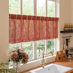 lot 12428 image: Sutuo Home Boho Valance Short Curtains For Windows Tier, Bohemian Linen Tassles Light Filtering Vintage French Country Window Treatment Fall Curtain Drape, Rod Pocket 1 Panel 52 W x 18 L, Terracotta