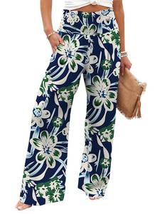 lot 12438 image: GEMLON Womens Wide Leg Pants High Waisted Palazzo Pants Summer Flowy Lounge Trousers Boho Pants Blue Flower M