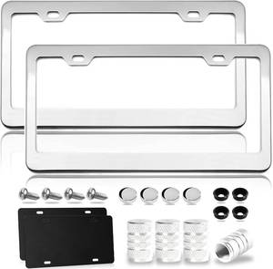 lot 12447 image: Flamax Mirror Polished Heavy Duty Stainless Steel License Plate Frame with Chrome Screw Caps, 2 Holes Rust-Proof Chrome-Like Finish Stainless Steel License Plate Frames 2 Pack