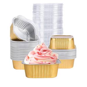 lot 14431 image: 40 Pack Mini Cake Pans with Lids, 5oz Square Aluminum Foil Brownie Baking Cups, Muffin Tin Ramekins, Disposable Dessert Cupcake Cups for Wedding Birthday Party, Gold