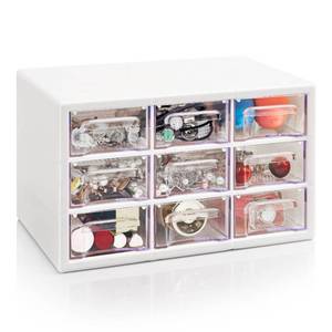 lot 15195 image: Desk Storage Organizer with 9 Drawers, FODIENS Stackable Desktop Craft Drawer Cabinet, Clear Storage Box Caddy for Makeup Jewelry Office Craft Supplies (9.84�6.3�5.9in) (White)