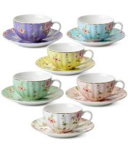 lot 15196 image: BTaT- Floral Tea Cups and Saucers Set of 6 (7 oz), Porcelain Tea Cups Set of 6, Pastel Bloom Design with Gold Trim, Dishwasher & Freezer Safe