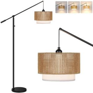 lot 15203 image: ��Upgraded��Dimmable Boho Floor Lamp for Living Room, Modern Swing Arm Floor Lamp with Rattan & Fabric Shades, Black Rattan Standing Lamp with 11W Bulb, Farmhouse Adjustable Tall Lamp for Bedroom Office