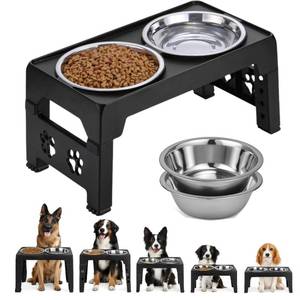 lot 15204 image: LALOBLUE Elevated Dog Bowls, Raised Bowl with 2 Stainless Steel Food Bowls, Dog Bowls Stand Adjusts to 5 Heights 2.95, 8.46, 9.65, 10.82, 12.01 for Small Medium Large Cats Pets,Black
