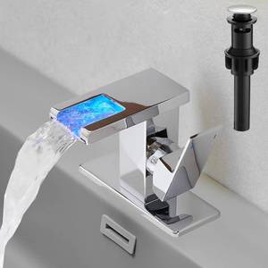 lot 17276 image: Hoimpro LED Waterfall Bathroom Faucet Polished Chrome, Single Handle Bathroom Sink Faucet 1 Hole, 3 Colors Light Changing, with Pop-up Drain and cUPC Supply Lines, Stainless Steel