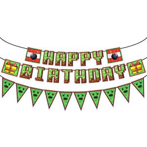 lot 18407 image: IndoTribe Pixel Happy Birthday Banner Pre-strung - 10ft Pennant Banner Flag Video Game Birthday Decorations Miner Backdrop Gaming Birthday Party Decorations Gamer Party Decorations