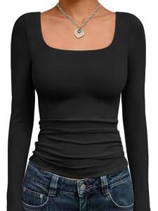 lot 18421 image: Trendy Queen Womens Square Neck Long Sleeve Shirts Double Lined Solid Slim Fit Tops Y2K Going Out Basic Tees Black XS