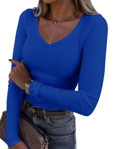 lot 18422 image: Roselux Womens Long Sleeve V Neck Ribbed Knit Fitted Casual Tops Tee Slim Basic Shirt��3935,Royal Blue,S
