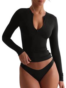 lot 18429 image: REORIA Double Lined Sexy Quarter Zip Long Sleeve Cute Croped Tops for Teen Girl Clothes Black Small