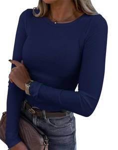 lot 18432 image: Roselux Womens Long Sleeve Stretch Crewneck Ribbed T-Shirt Fitted Casual Basic Tops(3922,Navy Blue-L)