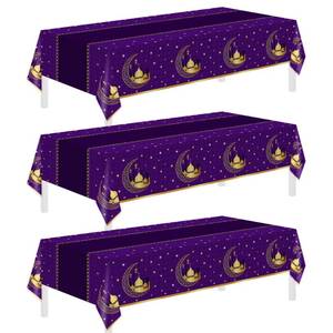 lot 18433 image: Childom 3 Pack Ramadan Table Cloth,Ramadan Decorations for Home,54 x 108 Eid Mubarak Decorations,Eid Ramadan Tablecloth Rectangular,Purple Plastic Table Cloth Disposable Table Cover for Party Favors
