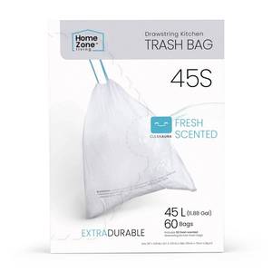 lot 19057 image: Home Zone Living 12 Gallon Kitchen Trash Bags with Drawstring Handles, Heavy Duty Custom Fit Design for Standard 45 to 50 Liter Kitchen Trash Cans, Code 45S, 60-Count
