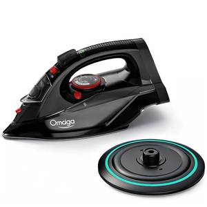 lot 19090 image: OMAIGA Cordless Iron for Clothes, 1500W Steam Iron Rapid Heating, Ceramic Soleplate, Auto Shut Off, Self-Clean, Anti-Calc, 3 Temperature Settings, 11.84oz Water Tank Ironing Clothes for Home, Black