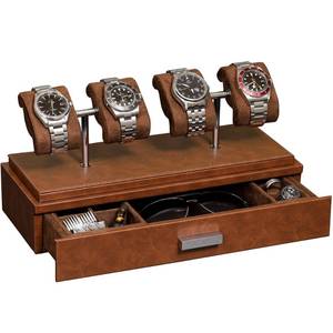 lot 19131 image: ROTHWELL Luxury Watch Display Case for 4 Watches �� Leather Watch Box with Acrylic Cover and Removable Slide in Cushions �� Accessory Drawer with Multiple Configurations (TanBrown)
