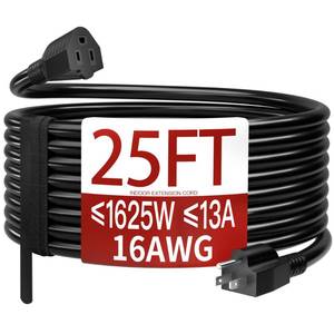 lot 20192 image: Skrizcable 163 25 Ft Indoor Black Extension Cord, Flexible & Flame Retardant Black 3 Prong Power Cord Indoor for Home and Office, 13 Amps 1625 Watts 125 VAC 16AWG, ETL Listed