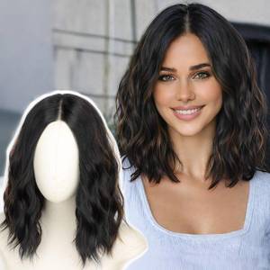 lot 20193 image: AISI HAIR 14 Inch Black Mix Brown Wigs for Women - Shoulder Length Wave Wig with Pre-Cut Lace Hairline, Middle Part Natural Wavy Bob Synthetic Heat Resistant Fiber for Daily and Party