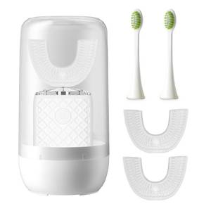 lot 20220 image: yeklike Sonic Electric U Shaped Toothbrush for Adults, Automatic Full Mouth Cleaning Toothbrush, 360° Stain Removal, IPX7 Waterproof Rechargeable, 3 U-Shape & 2 Straight Brush Heads (White - Cup)
