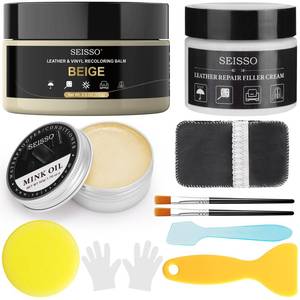 lot 20231 image: SEISSO Leather Repair Kit for Furniture, Beige Vinyl Repair Kit with Mink Oil for Couches, Color Restorer Conditioner, Leather Recoloring Balm for Scratches, Fading Shoes, Car Seat, Sofa