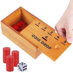 lot 20240 image: Juegoal Coin Drop Set, Pennies Dice Games, Wooden Tabletop Board Game Sets for 2-6 Player, Wood Penny Game Box Includes 48 Chips & 1 Dice