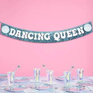 lot 20250 image: xo, Fetti Dancing Queen Fringe Banner - Iridescent & Blue Fringe, 5 Ft.  Disco Bachelorette Decorations, 70s Backdrop, Groovy Birthday Party, Boogie Bach Backdrop
