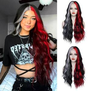 lot 20266 image: WECAN Black Red Gray Wig 28 Inches Long Black Red Wavy Wigs For Women Synthetic Hair Replacement Wigs Halloween Cosplay Daily Party Heat-Resistant Fiber Wig