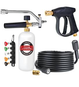 lot 20281 image: LAMUDO Pressure Washer Gun and Foam Cannon with Dual Connector Accessories for Pressure Washer, Attachment Include 5 Spray Nozzle Tips, Pressure Washer Hose and M22-14 Male to Male Fittings