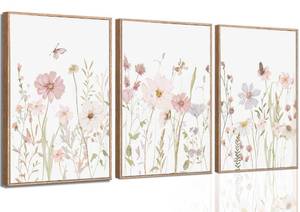 lot 20291 image: LQOZTBX 3Pcs Watercolor Wildflower Wall Art Botanical Nursery Canvas Prints Vintage Floral Pictures Flower Paintings Girls Nursery Pictures Pink Wall Decor for Living Room Bedroom Unframed