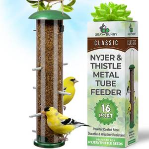 lot 1188 image: Finch Bird Feeder for Outdoors (16 Ports) Thistle & Nyjer Seed Hanging Feeder with 16 Ports and 8 Metal Perches, Chew-Proof Metal Design for Wild Birds
