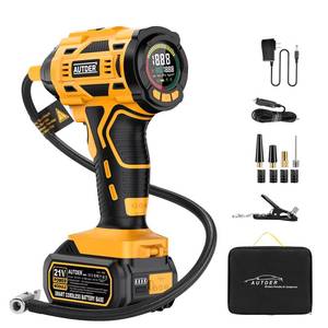 lot 1200 image: AUTDER Cordless Tire Inflator, 180PSI Portable Air Compressor with 21V Rechargeable Battery & 12V DC Car Adapter, Fast Inflation Digital Pump for Cars, Motorcycles, Bikes & Sports Balls - Yellow