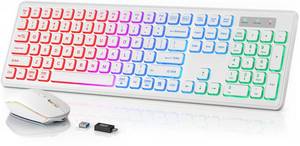 lot 1206 image: SABLUTE Wireless Keyboard and Mouse Backlit, Quiet Light Up Keys, Tilt Legs, Sleep Mode - Rechargeable USB Cordless Combo for Computer, iMac, PC, Laptop (White)