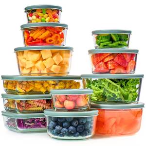 lot 1208 image: 24pc Set Glass Food Storage Containers & Bowls with Airtight Lids - Leakproof BPA-Free Meal Prep Airtight Stackable Lunch Boxes, Kitchen Pantry & Storage Organizers - Microwave Freezer Dishwasher Safe