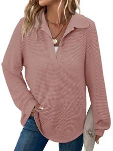 lot 2050 image: BETTE BOUTIK Womens Oversized Fashion Tops Long Sleeve Fall Winter V Neck Sweatshirts Crochet Waffle Knit Cute Flowy Casual Shirts Plus Size Work Warm TopLight Pink 2X