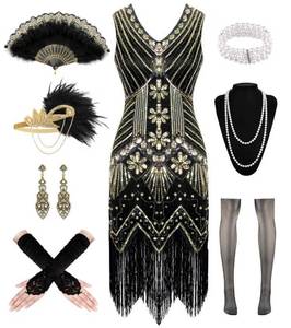 lot 2053 image: VillbeCoser 1920s Dresses for Women, Flapper Dress Lace Fan Feather Headband Sequins Beads Fringes 20s Accessories Vintage Mafia Costume BlackGold L