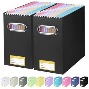 lot 2093 image: BALEINE File Organizer Box, Cardboard File Folder Organizer with Handle for Letter Size, Portable Collapsible Hanging Filing Box for Home Office Document Storage (2 Pack, Black)