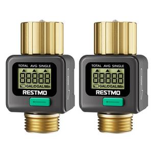 lot 2104 image: 2 Pack RESTMO Water Flow Meter, Pure Brass Inlet & Outlet  4 Measure Modes  Display GallonLiter Usage and Flow Rate  Ideal to Outdoor Garden Hose, Lawn Sprinkler Watering, RV Water Tank Filling