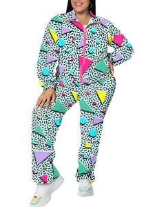 lot 2105 image: UOUA Plus Size 80s Outfit for Women 90s Costume Long Sleeves Windbreaker 2 Piece Party Tracksuit WhitePrint 4XL