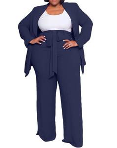 lot 2107 image: IyMoo Navy Blue Suit for Women Plus Size Lapel Collar Long Sleeve Straight Leg Pants 2 Piece Suit Set Outfits Elegant Uniform Suits Navy Blue 3X