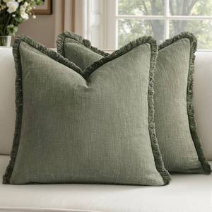 lot 2110 image: Woaboy Decorative Linen Fringe Throw Pillow Covers Boho Farmhouse Soft Accent Pillows with Tassels Spring Home Decor for Livingroom Couch Sofa Bed,18x18 Inch Set of 2,Light Olive Green
