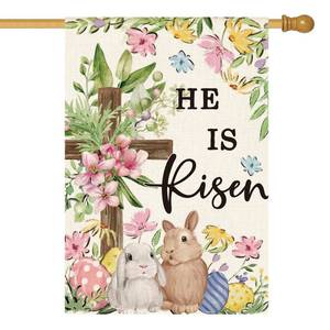 lot 2119 image: AVOIN colorlife He Is Risen Easter House Flag 28x40 Inch Double Sided Outside, Bunnies Flowers Cross Yard Outdoor Decoration