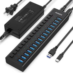 lot 2130 image: AGEEN 16-Port USB 3.2 Gen 2 Hub, 10Gbps High-Speed Aluminum Powered Hub with 96W Adapter, Individual Switches & Surge Protection for PCLaptop, Flash Drive, Printer, Camera