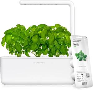 lot 3691 image: Click & Grow Indoor Herb Garden Kit with Grow Light  Smart Garden for Home Kitchen Windowsill  Easier Than Hydroponics Growing System  Vegetable Gardening Starter (3 Basil Pods Included), White