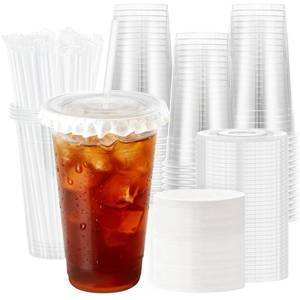 lot 3703 image: Lamosi 50 Pack 24 oz Clear Plastic Cups with Lids and Straws, Disposable Plastic Coffee Cups with Lids for Iced Coffee, Cold Beverages, Smoothies and To-Go Drinks