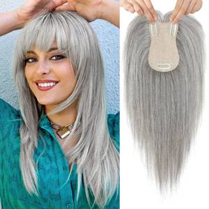 lot 4405 image: Flufymooz 100% Real Human Hair Toppers, 12 Inch Human Hair Toppers for Thinning Hair Large Hand-woven Area 360° Coverage Natural Hairpiece Wiglet for Women Daily 5x3 Silk Base (Light grey)