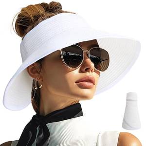 lot 4449 image: PFFY Sun Visors Hats for Women Wide Brim Straw Visor Packable Foldable Ponytail Travel Beach Hat Vacation Essentials White