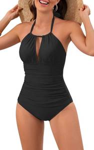 lot 4454 image: B2prity Womens One Piece Swimsuit Tummy Control Halter Bathing Suit Slimming Supportive Long Torso Friendly Swimwear A-Black XL
